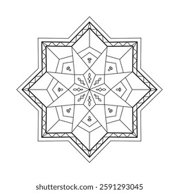 Geometric Mandala Outline for Coloring, Intricate Symmetrical Line Art, Ornamental Abstract Pattern