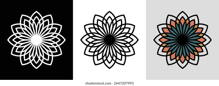 Geometric mandala with overlapping petals and simple outlines for vibrant floral decor.