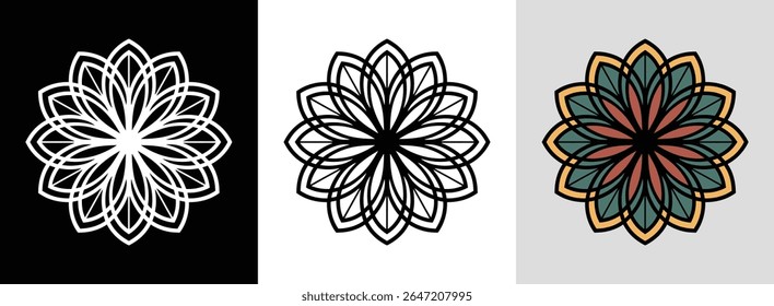 Geometric mandala with overlapping petals and simple outlines for modern floral decor.