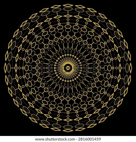 Geometric mandala with radiating golden elliptical patterns on black background, golden mandala