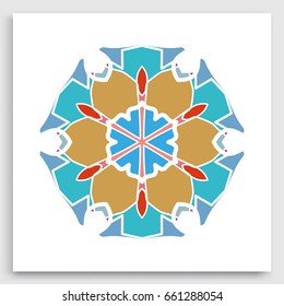 Geometric mandala round ornament. Islamic greeting card. Eid mubarak ramadan celebration template. Isolated design element, vector colorful pattern