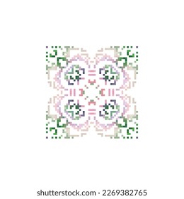 Mandala geométrica de cuadrados en un ornamento de estilo plano en forma de píxeles. Planes con puntos de bordado. Impresiones de geo textiles. Fondo pixel navajo.
