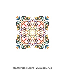 Geometric mandala of squares in a flat style ornament in the form of pixels. Embroidery dotted schemes. Textile geo prints. Pixel navajo backgrounds.
