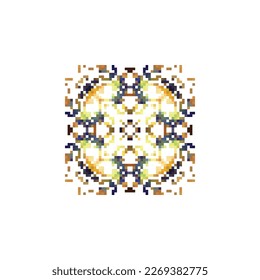 Mandala geométrica de cuadrados en un ornamento de estilo plano en forma de píxeles. Planes con puntos de bordado. Impresiones de geo textiles. Fondo pixel navajo.
