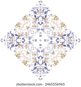 Geometric mandala of squares in a flat style ornament in the form of pixels. Embroidery dotted schemes. Textile geo prints.