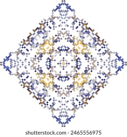 Geometric mandala of squares in a flat style ornament in the form of pixels. Embroidery dotted schemes. Textile geo prints.