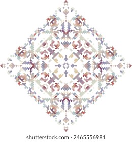 Mandala geométrica de cuadrados en un adorno de estilo plano en forma de píxeles. Esquemas punteados de bordado. Estampados geométricos textiles.