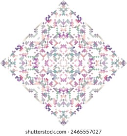 Geometric mandala of squares in a flat style ornament in the form of pixels. Embroidery dotted schemes. Textile geo prints.