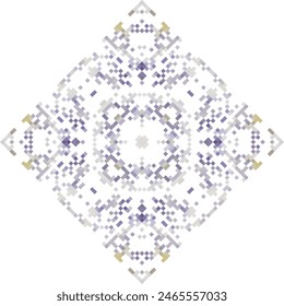 Geometric mandala of squares in a flat style ornament in the form of pixels. Embroidery dotted schemes. Textile geo prints.