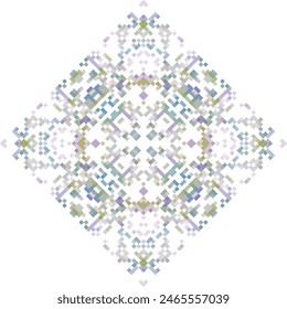 Geometric mandala of squares in a flat style ornament in the form of pixels. Embroidery dotted schemes. Textile geo prints.