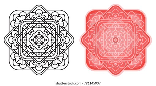 Geometric mandala from squares with round cornes. Pattern for coloring book. Templates for card, banners, invite