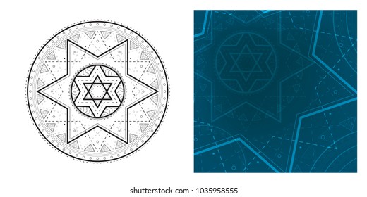 Geometric mandala with Star of David in center and colorful square template. Round pattern for coloring book.