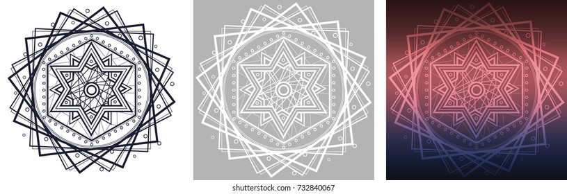 Geometric mandala with Star of David in center. Round pattern for coloring book. Square gradient background.