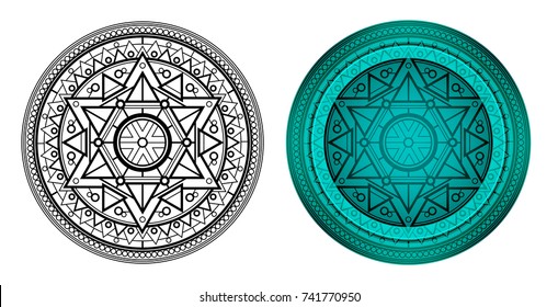 Geometric mandala with Star of David in center. Round pattern for coloring book. Illustration for card, banners, invite