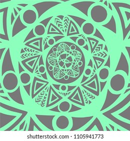 Geometric mandala vector ornament, fantasy pattern in green and grey tones. Ethnic psychedelic Indian style. Fabric, cloth design, paper, wrapping textile, web, stickers, home decor, coloring book