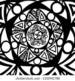 Geometric mandala vector ornament, fantasy pattern in black and white colors.  Ethnic psychedelic Indian style. Fabric, cloth design, paper, wrapping textile, web, stickers, home decor, coloring book.