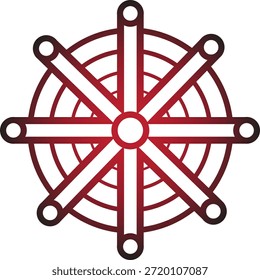 Design geométrico em forma de mandala, apresentando raios radiantes e elementos circulares em um gradiente de vermelho, simbolizando unidade, equilíbrio e padrões cíclicos