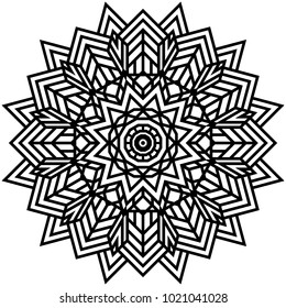 Geometric mandalas. Coloring book page. Zigzag ornament. Round element for design. Decorative ornament. Sketch for tattoo. Ethnic Fractal Mandala. Graphic element.