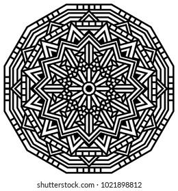 Geometric mandalas. Coloring book page. Zigzag ornament. Round element for design. Decorative ornament. Sketch for tattoo. Ethnic Fractal Mandala. Graphic element.