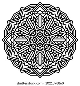 Geometric mandalas. Coloring book page. Zigzag ornament. Round element for design. Decorative ornament. Sketch for tattoo. Ethnic Fractal Mandala. Graphic element.
