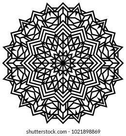 Geometric mandalas. Coloring book page. Zigzag ornament. Round element for design. Decorative ornament. Sketch for tattoo. Ethnic Fractal Mandala. Graphic element.