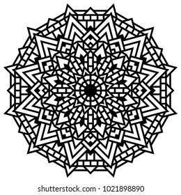 Geometric mandalas. Coloring book page. Zigzag ornament. Round element for design. Decorative ornament. Sketch for tattoo. Ethnic Fractal Mandala. Graphic element.