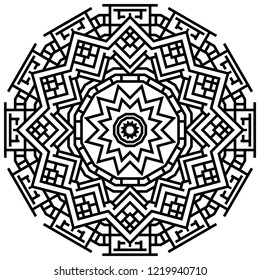 Geometric mandalas. Coloring book page. Zigzag ornament. Round element for design. Decorative ornament. Sketch for tattoo. Ethnic Fractal Mandala. Graphic element.