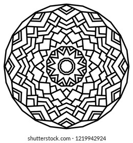 Geometric mandalas. Coloring book page. Zigzag ornament. Round element for design. Decorative ornament. Sketch for tattoo. Ethnic Fractal Mandala. Graphic element.