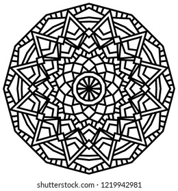 Geometric mandalas. Coloring book page. Zigzag ornament. Round element for design. Decorative ornament. Sketch for tattoo. Ethnic Fractal Mandala. Graphic element.