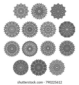  Geometric mandalas set. Part 1. Coloring book page.  Zigzag ornament. Round element for design. Decorative ornament. Sketch for tattoo. Ethnic Fractal Mandala.