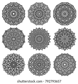 Geometric mandalas set. Part 2. Coloring book page. Zigzag ornament. Round element for design. Decorative ornament. Sketch for tattoo. Ethnic Fractal Mandala. Graphic element.
