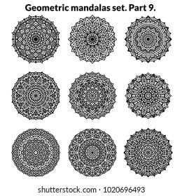 Geometric mandalas set. Part 9. Coloring book page. Zigzag ornament. Round element for design. Decorative ornament. Sketch for tattoo. Ethnic Fractal Mandala. Graphic element.