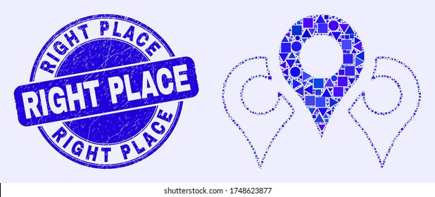 El mapa geométrico marca el icono del mosaico y el sello del sello de la posición derecha. Sello de sello de retenes redondeados vectoriales azules con mensaje Right Place. mosaico abstracto de marcadores de mapa diseñados con triángulos redondos,