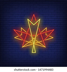Geometric maple leaf neon sign. Canada, autumn, advertisement design. Night bright neon sign, colorful billboard, light banner. Vector illustration in neon style.