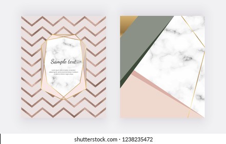 Geometric marble design with foil texture, triangular shapes. Modern templates for wedding invitation, banner, logo, card, flyer, poster, save the date
