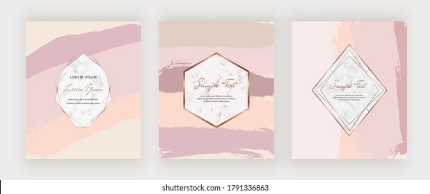 Geometric marble frame on the peach brush stroke texture. 
