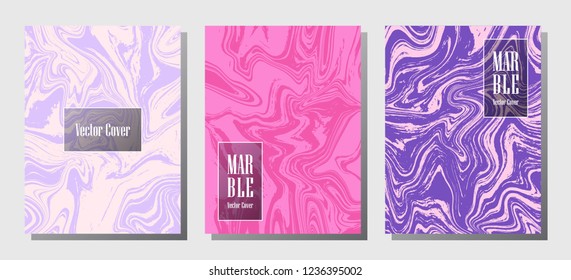 Geometric marble prints, vector cover design templates. Fluid marble stone texture iInteriors fashion magazine backgrounds  Corporate journal patterns set of liquid paint waves. Report covers.