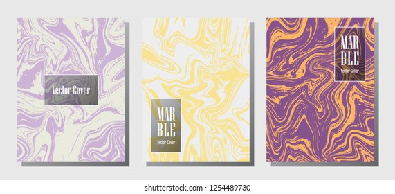Geometric marble prints, vector cover design templates. Fluid marble stone texture iInteriors fashion magazine backgrounds  Corporate journal patterns set of liquid ink waves. Splash effect prints.