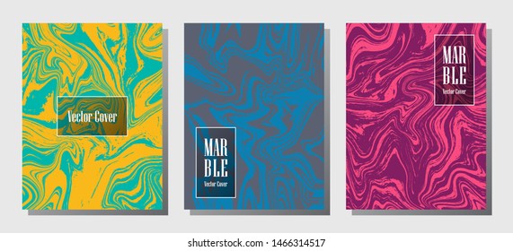 Geometric marble prints, vector cover design templates. Fluid marble stone texture iInteriors fashion magazine backgrounds  Corporate journal patterns set of liquid ink waves. Posters set.