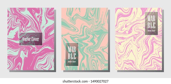 Geometric marble prints, vector cover design templates. Fluid marble stone texture iInteriors fashion magazine backgrounds  Corporate journal patterns set of liquid clay waves. Flyers, banners set.