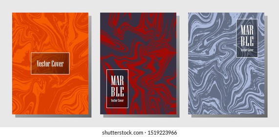 Geometric marble prints, vector cover design templates. Fluid marble stone texture iInteriors fashion magazine backgrounds  Corporate journal patterns set of liquid oil waves. Invitation cards set.
