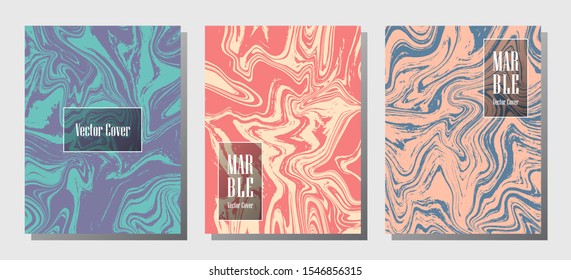 Geometric marble prints, vector cover design templates. Fluid marble stone texture iInteriors fashion magazine backgrounds  Corporate journal patterns set of liquid ink waves. Report covers.