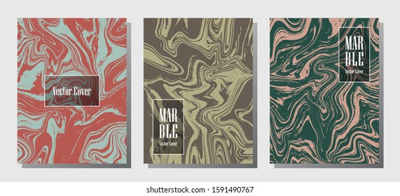 Geometric marble prints, vector cover design templates. Fluid marble stone texture iInteriors fashion magazine backgrounds  Corporate journal patterns set of liquid ink waves. Invitation cards set.
