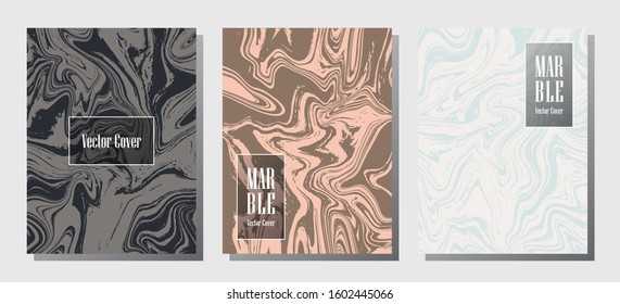 Geometric marble prints, vector cover design templates. Fluid marble stone texture iInteriors fashion magazine backgrounds  Corporate journal patterns set of liquid oil waves. Brochure covers set.