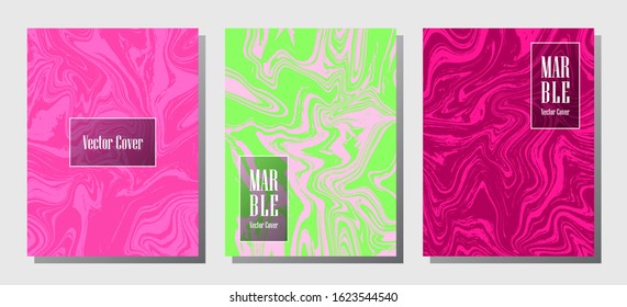 Geometric marble prints, vector cover design templates. Fluid marble stone texture iInteriors fashion magazine backgrounds  Corporate journal patterns set of liquid ink waves. Flyers, banners set.