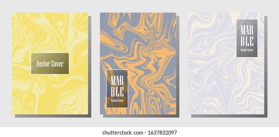 Geometric marble prints, vector cover design templates. Fluid marble stone texture iInteriors fashion magazine backgrounds  Corporate journal patterns set of liquid oil waves. Invitation cards set.