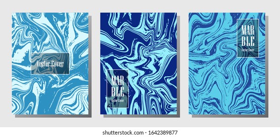 Geometric marble prints, vector cover design templates. Fluid marble stone texture iInteriors fashion magazine backgrounds  Corporate journal patterns set of liquid oil waves. Splash effect prints.