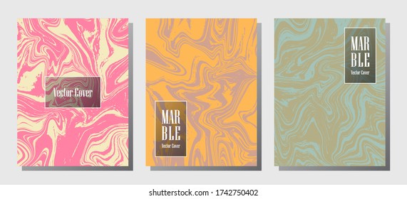 Geometric marble prints, vector cover design templates. Fluid marble stone texture iInteriors fashion magazine backgrounds  Corporate journal patterns set of liquid clay waves. Notebook prints set.