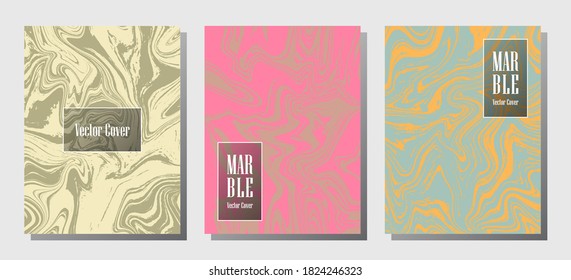 Geometric marble prints, vector cover design templates. Fluid marble stone texture iInteriors fashion magazine backgrounds  Corporate journal patterns set of liquid ink waves. Notebook prints set.