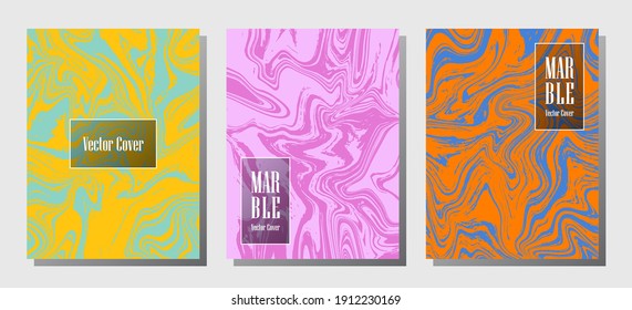 Geometric marble prints, vector cover design templates. Fluid marble stone texture iInteriors fashion magazine backgrounds  Corporate journal patterns set of liquid ink waves. Brochure covers set.